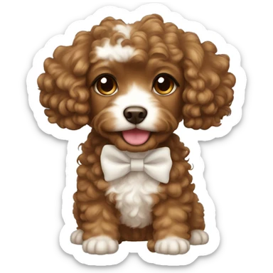 Tan girl dark curly hair holding brown Cavapoo with a white bow on ear sticker