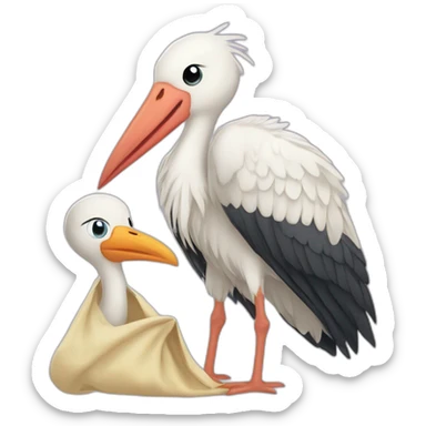  white stork carrying a bundle of cloth in its beak that has a baby human with light skin and dark hair and the baby face is peeking out from the cloths bundle the strok is carrying sticker