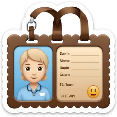 a light blue ID card with a decorative beige scalloped border. The card is attached to a brown lanyard looped at the top. It includes a small square area representing a photo and several horizontal lines indicating text information. sticker