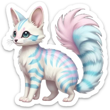  cute adorable whitish pastel fur with random colorful markings iridescent beautiful elegant pretty precious cute young youthful  Fakémon-Pokémon-alien-opossum-feline-serval-caracal-chinchilla-Minccino-hybrid-creature with a big fluffy bushy striped tail (full body) sticker
