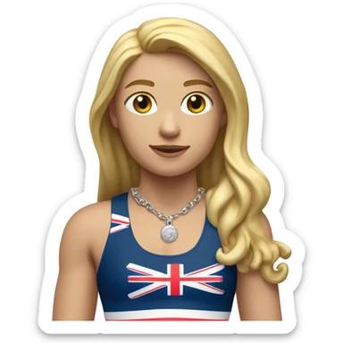 A girl with long blonde hair with wide shoulders wearing a Great Britain rowing swimming suit and has small muscles and add a necklace that has a sea shell pendant on it. The necklace is around the neck and the pendant is on her chest sticker