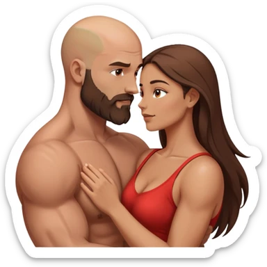 intimate moment between lovers muscular bald man brown beard, beautiful long hair woman sticker