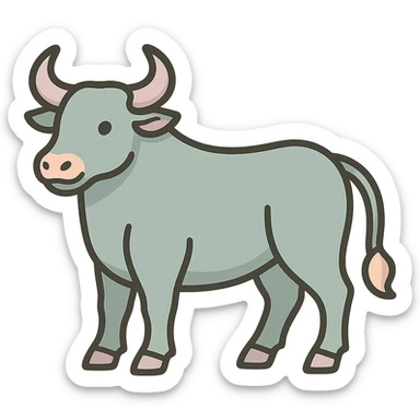 Create an icon-color-outlined style illustration of an ox as the symbol of the year according to Feng Shui, in a Chinese Eastern style. Use thin, clean contours and soft rounded shapes. Apply a pastel palette with colors #98B5BC, #B5B3C1, #C9A3C9, #E4C0CA, #F7DCD1, #F7C0AA. Include detailed shadows and highlights with soft lighting. The background should be transparent. The style should be less cute and without decorative elements. The silhouette and appearance should match the provided reference. sticker