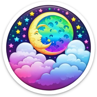 Beveled button with Neon rainbow colored damask style full moon with stars and clouds in the center sticker
