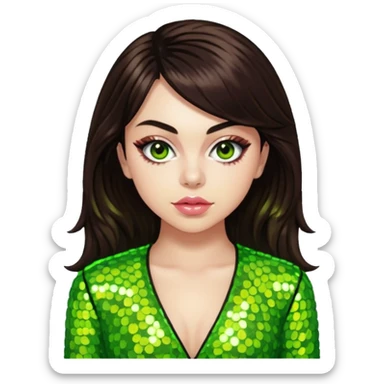 Charli XCX with long dark brown hair, lime green sequin outfit sticker