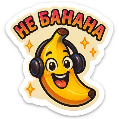 Funny cartoon banana, big happy smiling face, wearing tiny headphones, wide excited eyes, tiny sparkles around, text above: "НЕ БАНАНА ", chibi style, Twitch emoji style, colorful, transparent background sticker