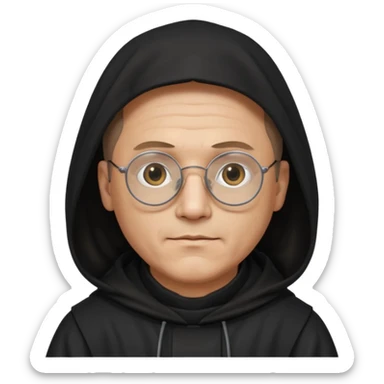 Monk priest prayer black habit with hood round black glasses done light brown wavy hair under hood remove the medallion smaller more round glassed age 46 remove necklace thinner or more oval face  sticker