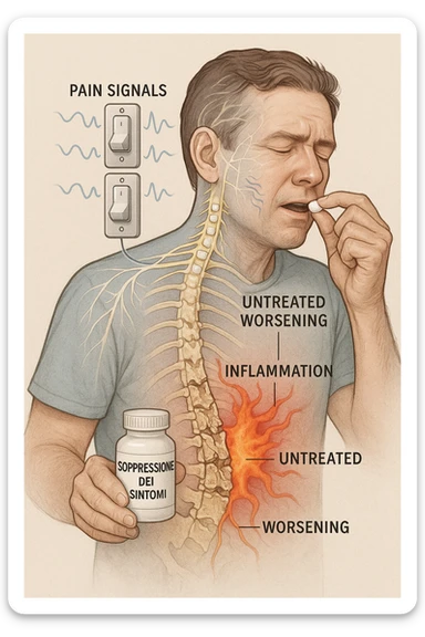 Man taking pain medication for chronic back pain, pills shown as dimmer switches turning down pain signals in transparent nervous system overlay, underlying spinal damage remaining completely untreated and worsening, expression of temporary relief masking progressive deterioration, medication bottle labeled 'symptom suppression' not 'cure', root cause inflammation continuing to spread in italiano sticker