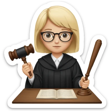 Young judge, blonde hair with glasses and robe, hold a paper and gavel sticker