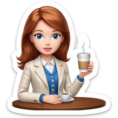 A Barbie girl with blue eyes, shoulder-length reddish-brown hair, made-up, wearing a white tweed jacket and a white skirt, with a glass of coffee in her hands sticker