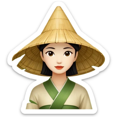 ​Cinematic Realistic Traditional Vietnamese Nón Lá, depicted as a delicately crafted conical hat made of bamboo and palm leaves with subtle texture and natural wear, set against a serene rural backdrop bathed in warm, soft sunlight, evoking authentic cultural heritage, sticker