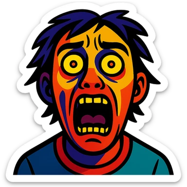 face with intense colors and dramatic horror expression, vibrant toon style, after witnessing cannibalism sticker
