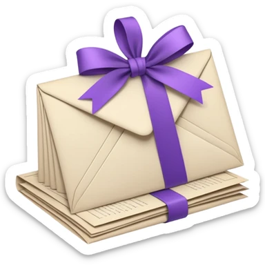 A beautifully arranged Stack of aged letters, tied with a purple ribbon, envelopes, corespondence, aesthetic, purple flower petals around, mails sticker