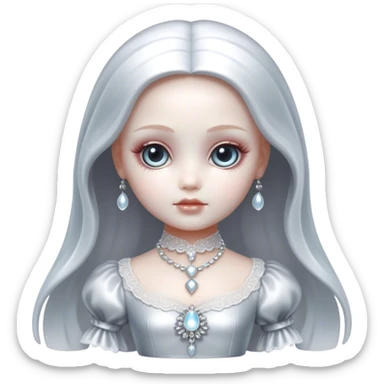 Cinematic, Ultra realistic 32k HD, hauntingly beautiful doll, Balanced features, highly detailed, glowing with silver light, high shine, remembrance, a painting of white silver, fanciful, enchanting, ghostly. The image is so lifelike it feels as though it could leap off the canvas at any moment sticker