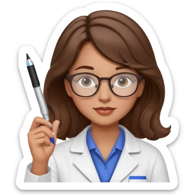 young women pharmacist studying science, wavy hair, with a pen and glasses sticker