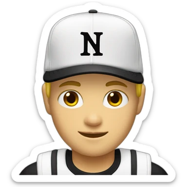 blonde boy with black and white back cap and ny shirt   sticker