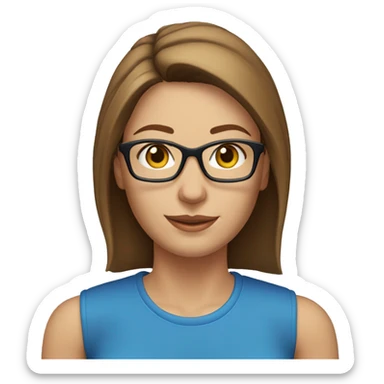 A head and shoulders shot of a 40 year old Caucasian woman, with straight brown hair,  wearing glasses with blue eyes wearing a t-shirt. sticker