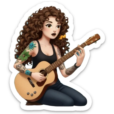 woman with long curly brown hair, brown eyes, white skin, tattoos, blowing glowing forest spores like stage smoke after a guitar solo sticker
