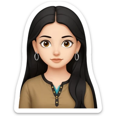 a pretty bratz fair girl with long black hair, kajal under eyes, small silver hoop. brown kurti on sticker