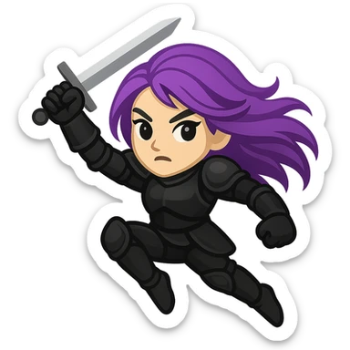 Create an emoji style image of a mysterious warrior girl with flowing purple hair and black armor in a dynamic action pose, such as jumping or swinging a sword. Keep the style and colors consistent with the reference image. No background. sticker
