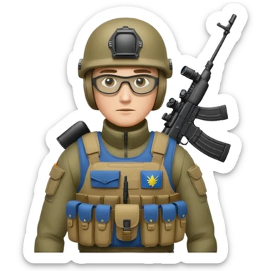 Ukrainian intelligance agency warrior man in platecarrier with nato riffle in helmet and ballistic glasses sticker
