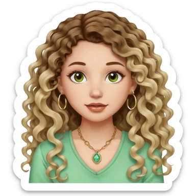 cute girl with not volominous VERY LONG curly/wavy balayage hair brown eyes full lips cute makeup cute necklace and hoop earrings white girl with light green top sticker