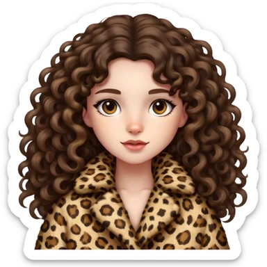 Brunette girl with long curly hair in fluffy leopard print coat  sticker