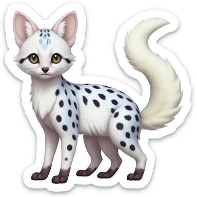 White Albino frosty snow-white whitish pastel-grey-spotted Serval-Civet-Genet-Trico-Furret-Linoone-Noibat-Espeon-Fakémon-Pokémon-animal-hybrid-fusion-creature (full body) with vibrant glowing eyes, cute, elegant, soft, realistic, pastel fur sticker