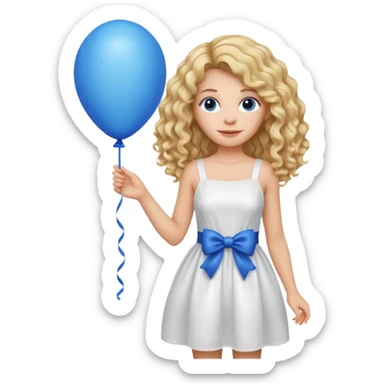 Woman curly long blonde with blue balloon, white dress sticker