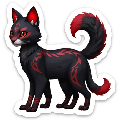 Cute kawaii cool edgy badass  dark obsidian-black fur with crimson glowing runic markings fantasy-caracal-civet-genet-sergal-vernid-Gryphon-Cacomistle-Trico-oncilla-animal-Fakémon-hybrid-fursona (full body), facial markings, (realism style) sticker