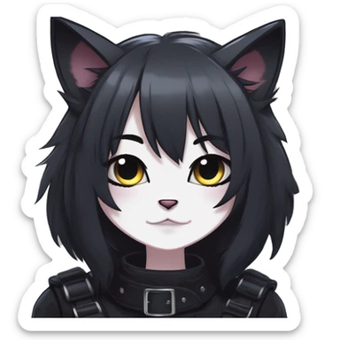 Gorgeous furry gothic dark techwear anime style anthro black cat furry sona with blushing face aesthetic and pretty edgy black with collar and harness trending style sticker