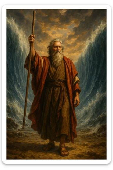 Moses holding his staff upright, flowing beard, traditional attire, parted Red Sea in background sticker
