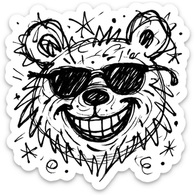 grizzly bear with sunglasses and a smile, chaotic doodle style sticker