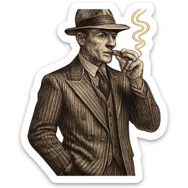 gangster character, 1920s style, pinstripe suit, fedora, cigar, vintage vibe, no background sticker
