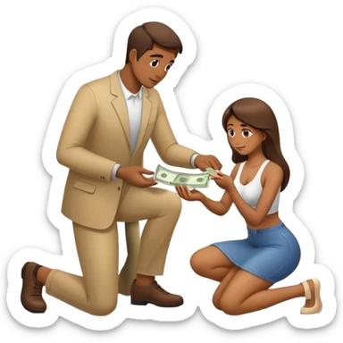 Man on knees facing woman handing her money sticker