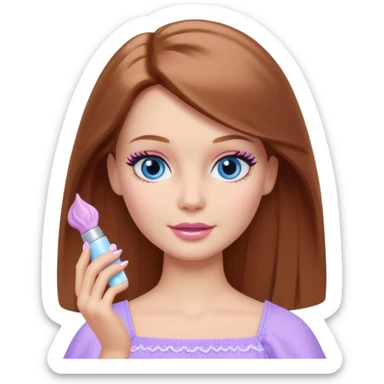 Barbie girl Chestnut Shoulder-length hair and blue eyes is In pale purple applying cream on face sticker