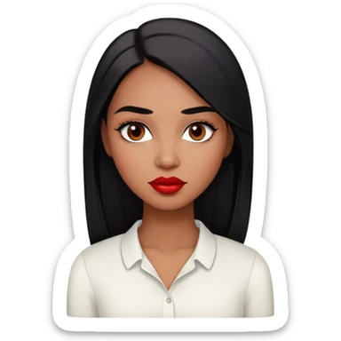 Young woman with medium to dark brown skin, oval face, high cheekbones, dark brown eyes, thick eyebrows, red lipstick, long straight black hair, wearing a white blouse sticker