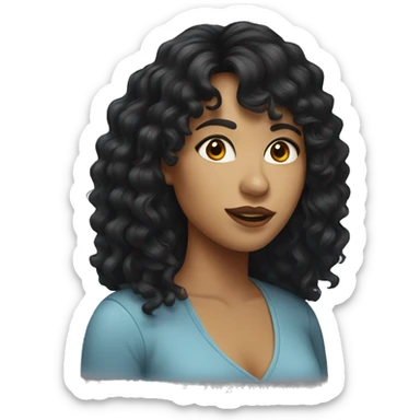woman with long black curly hair and bangs and dark brown eyes sticker