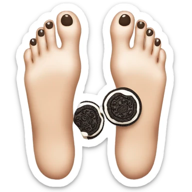 A bare foot with toes with an oreo cookie between the big toe sticker