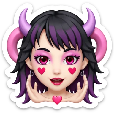 succubus,-pink-irises,-heart-pupils,-black-shaggy-hair,-straight-across-fringe,-grey-skin,-white-horns-curving-towards-forehead,-succubus-horns,-flirty-smile,-full-lips,-black-lips,-cute-fangs sticker