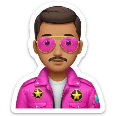 1980s cool man with stubble wearing reflective neon pink aviator sunglasses and a pilot topgun jacket sticker