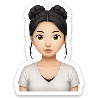 asian mom with long black hair tied in up in a messy bun and big brown eyes emoji in a white v neck shirt sticker