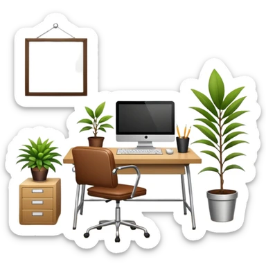 imagen de una oficina moderna con escritorio, silla, notebook, agenda y una planta con un cartel que diga en español ESTARÉ FUERA DE OFICINA sticker