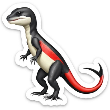 Black and white Orca-reptile-reptilian-lizard-skink-gecko-Digimon-Fakémon-hybrid full body, two legs, two arms, claws, tail, with red stripe sticker