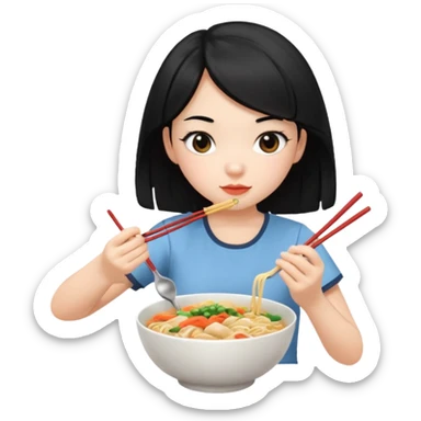 girl with black hair in short sleeves eating noodles with a spoon and chopsticks sticker