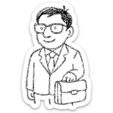 Indian finance bro with glasses, holding a briefcase, hand drawn outlined icon sticker