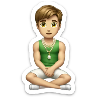 Posh-muscle-boy-brown-hair-green-eyes-pearl-necklace-sitting-on-golden-cube sticker