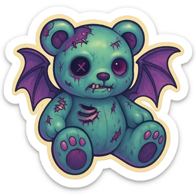 Turn this image into a zombie bear with pastel goth colors, with bat wings, in retro stickers style, with no background. sticker