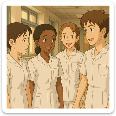 Quatre étudiants infirmiers, style Ghibli, en interaction dans un environnement intérieur, uniformes blancs à manches courtes, tuniques col en V, poche poitrine à gauche, pas de pied de col, pas de stéthoscopes, avant-bras nus, cheveux longs attachés pour celles qui en ont. Basés sur les quatre visages fournis. sticker