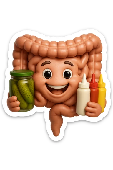 emoji stile iphone di intestino umano con espressione felice mentre tiene in mano cetriolini sottaceto, maionese, salsa barbecue, salsa, senape realistica
IPERREALISTICO 4K sticker